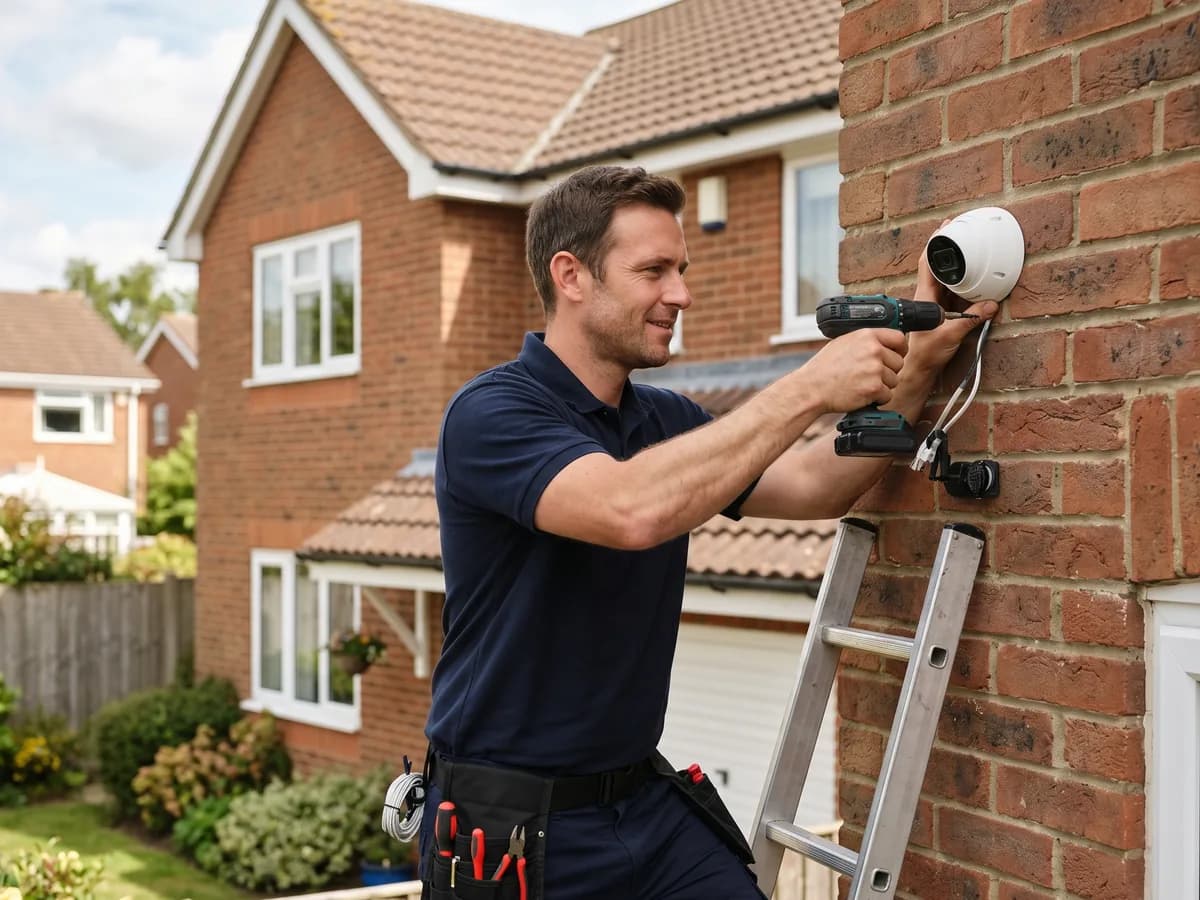 An Akdunya technician installing a CCTV security camera on a home in the East Midlands.